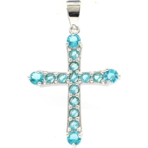 63x15mm Delicate Fine Cut Big Created Blue Aquamarine CZ Women Dating Silver Pendant Eye Catching