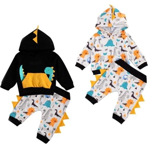 Citgeett Autumn 0-24M Winter Baby Boys Clothes Sets Dinosaur Print Hooded Long Sleeve Pullover Pocket Tops Pants Set
