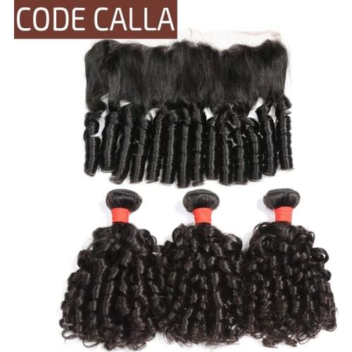 Brazilian Funmi Curly Hair Bundles with 13*4 Lace Frontal Code Calla Loose Bouncy Curly Human Hair Weave Bundles with Closure