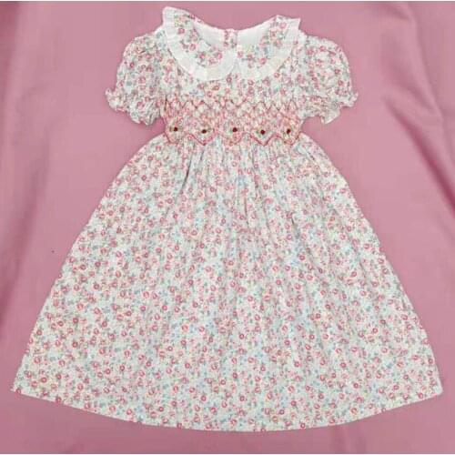 Baby girl summer vintage handmade embroidered smocking princess dress kids peter pan collar cotton Party holiday floral dress