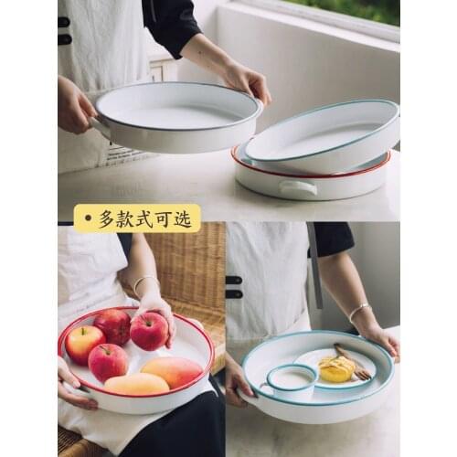Porcelain Enameled Double Ears Large Round Rice Soup Dessert Bread Plate Deep Nordic Dish Tableware