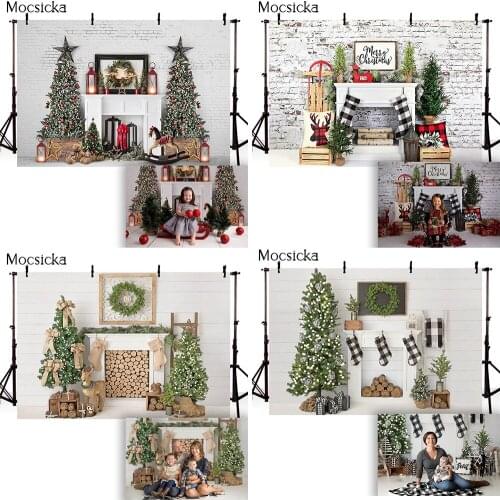 Merry Christmas fireplace Backdrop for Photography Winter Snow Brick Wall Christmas Tree Background for Photo Studio Photocall