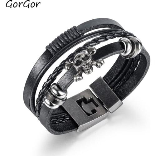 GorGor Bangles Men Stainless Steel Multilayer Skull Leather Weaving Individuality Creative Hipster Birthday Gift PS-1413