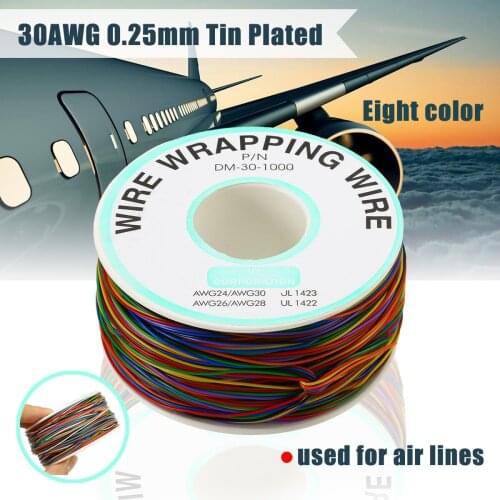 1 Roll 30 AWG 0.25mm Tin Plated Copper Wrapping Wire Insulation Test Cable 8-Colors Flexible Wrap Wire for Laptop PCB Soldering