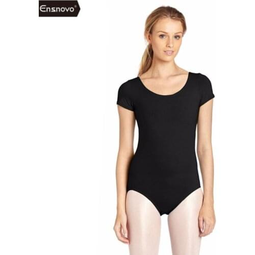 Ensnovo Adult One Piece Leotard Basic Ballet Short Sleeve Scoop Neck Stretch Leotard Gymnastic Bodysuit Dancwear for Women