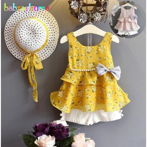 3PCS/Summer Wear Sets For Kids Clothes Girls Boutique Outfits Cute Flowers Baby T-shirt Chiffon Sleeveless Top Short+Hats BC1683