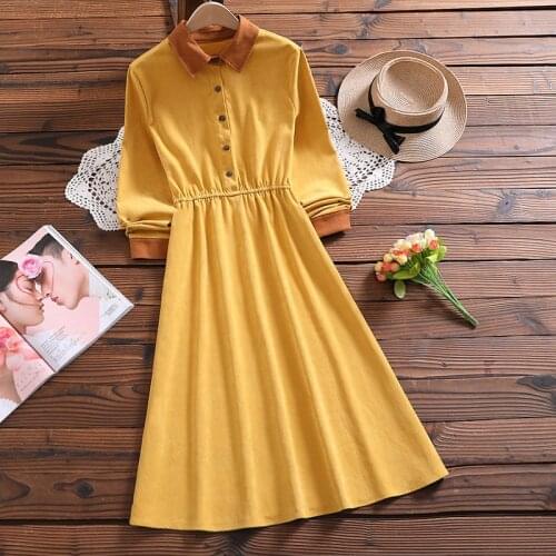 Mori girl cute solid corduroy vestidos new autumn fashion long sleeve women sweet dress