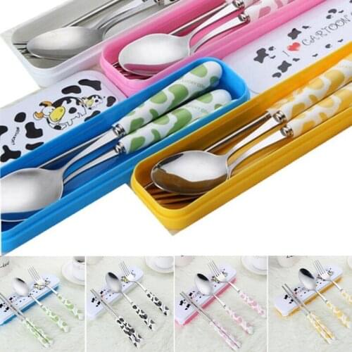 Baby Kids Cute Fork Spoon Cutlery Set Cartoon Ceramic Handle Stainless Steel Children Chopsticks Fork Cutlery Portable Tableware