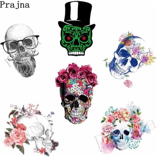 Prajna Rose Skull Sticker Heat Transfers Clothes Patches Punk Iron On Transfers Motorcycle Clothing Applique For T-shirt DIY D