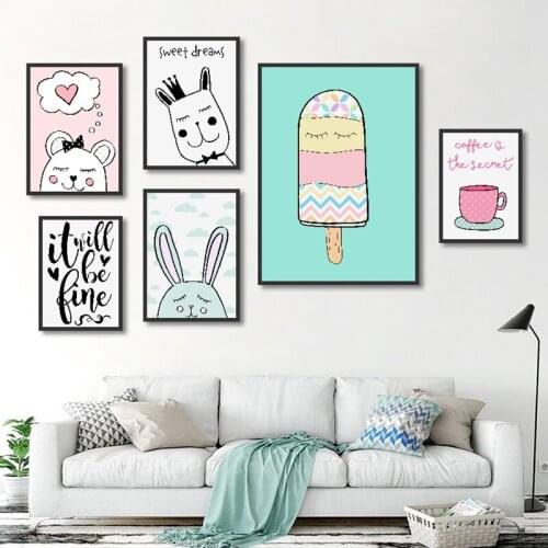 Nordic Style Poster Mint Green Decorative Painting Cartoon Animal Wall Art Pictures for Childrens Room Decoration Canvas Prints