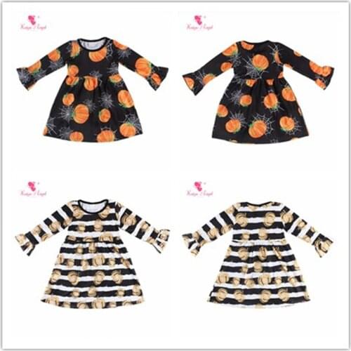 Kaiya Angel Latest Baby Girls Dresses Halloween Pumpkin Printed Long Sleeve Fall Clothes Wholesale Children Boutique One Piece