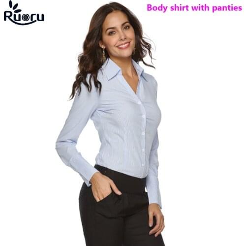 Ruoru Elegant Bodysuits for Women Office Lady Work White Body Shirt Long Sleeved Bodycon Fashion Tops and Blouses Female Clothes