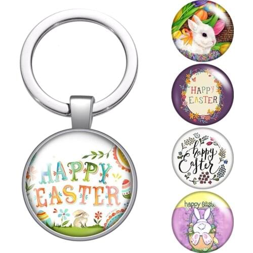 Happy Easter day lovely Rabbit eggs glass cabochon keychain Bag Car key Rings Holder silver plated key chains Men Women Gifts