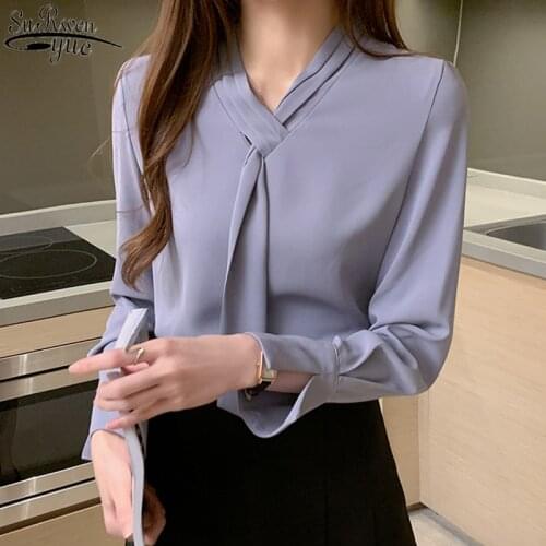 Loose Pullover Plus Size Tops 2021 Fashion Women Blouses Autumn Shirt Office Lady Shirts Solid Long Sleeve Chiffon Shirts 11050