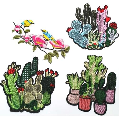 High quality birds patches for clothing 3D cactus embroidered Patches DIY iron on flowers parches Embroidery applique plants