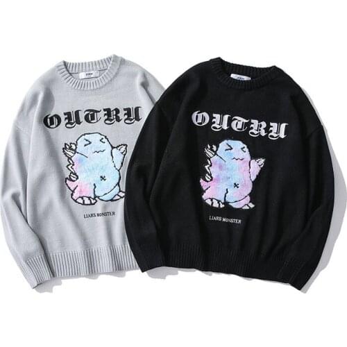 Japanese Sweet Little Fire Dragon Printed Knitted Sweater Plus Size Women Winter Korean Casual Pullover Oversize Couple Outfit