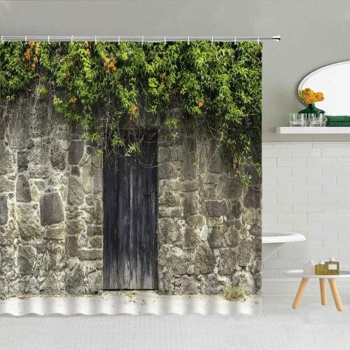 Stone Wall Wooden Door Shower Curtains Green Vine Creative Window Polyester Fabric Bathroom Supplies Decor With Hooks 3D Printed