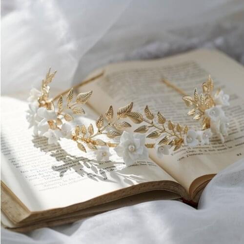 Gold Leaf Bridal Crown Hairband Porcelain Flower Wedding Tiara Headpiece Women Party Prom Hair Jewelry