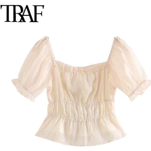 TRAF Women Sweet Fashion Ruffled Stretch Cropped Blouses Vintage Square Collar Puff Sleeves Female Shirts Chic Tops