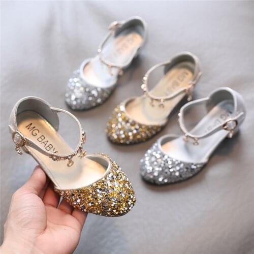 2021 Summer Girls Sandals Bling Ankle Strap Dress Shoes String Bead Bridal Shoes Gold Crystal Princess Shoes High Heels Dance