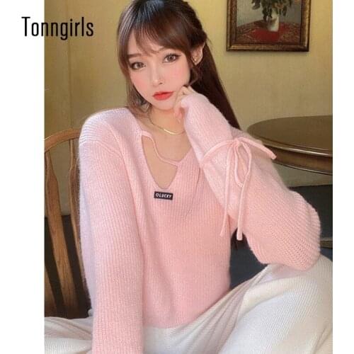 Tonngirls Woman Sweaters Long Sleeve Pullovers Off-the-shoulder Short Lace-up Knitted Sweater For Women Autumn And Winter 2021