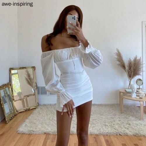 Square Collar Bodycon Dress Women Sexy Long Sleeve Dress Off Shoulder Slim Autumn Drawstring Beach White Dress Robes