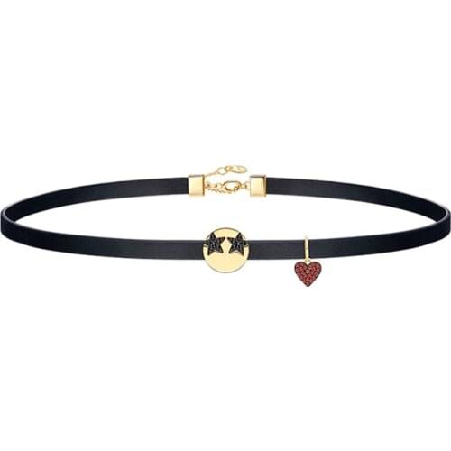 SLJELY S925 Sterling Silver Jewelry Funny Loving Emoticon Leather Choker with Charm Heart Pave Zircon Women Fashion Necklace