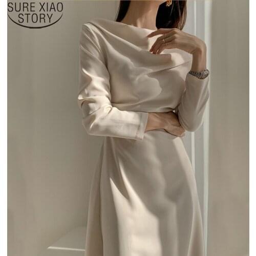 Spring Dress Slash Neck Sexy Elegant All-match Dress Women Irregular White Black Long Sleeve Mature Long Dresses Vestido 13067
