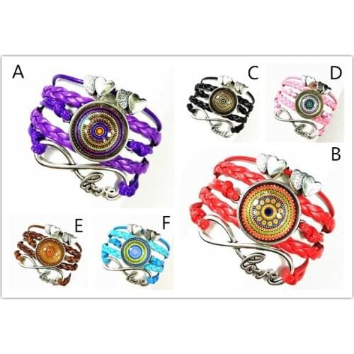 1pcs (6 styles) Infinite love henna bracelets Mandala Flower Art Glass Round Dome silver bracelet for girls Women Jewelry