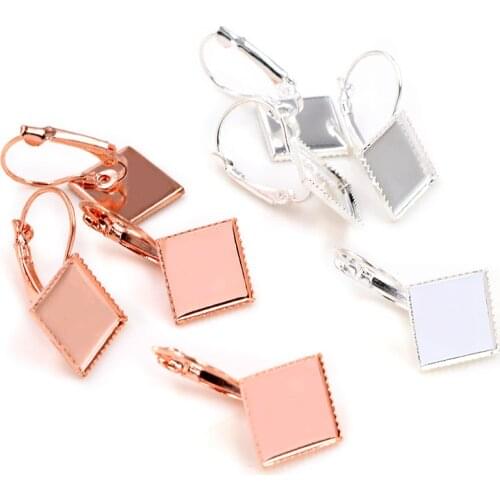 12mm 10pcs Bright Silver Rose Gold Plated Square Style French Lever Back Earrings Blank/Base,Fit 12mm Glass Cabochons