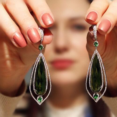 2019 Korean Drop Earings Green Crystal Zircon Silver Dangle Earrings for Women Jewelry Wedding Engagement Statement Brincos Gift