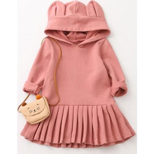 2019 Girls New Spring and Autumn Long Sleeve Sweaters Dress Childrens Hoodie Shape Girls Clothes Pleated Dresses Cute Ear Hats