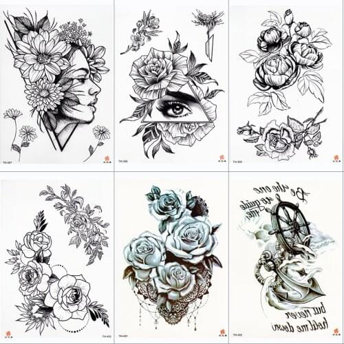 Black Flower Body Art Waterproof Temporary Tatoo Sexy Thigh Arm Tattoos Rose For Woman Flash Tattoo Stickers