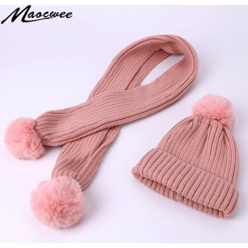 Children Scarf Hat Set Women PomPon Beanies Knitted Skullies Hats Winter Warm Wool Crochet Caps Unisex