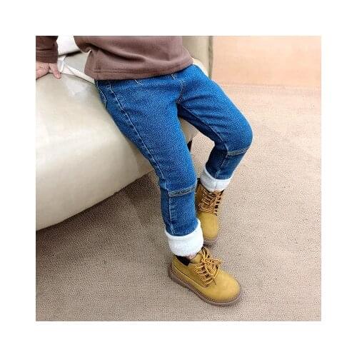 Girls Plus Fleece Jeans Winter 2020 New Baby Girl Warm Cotton Trousers Childrens Feet Thickened Jeans Kids Velvet Denim Pants