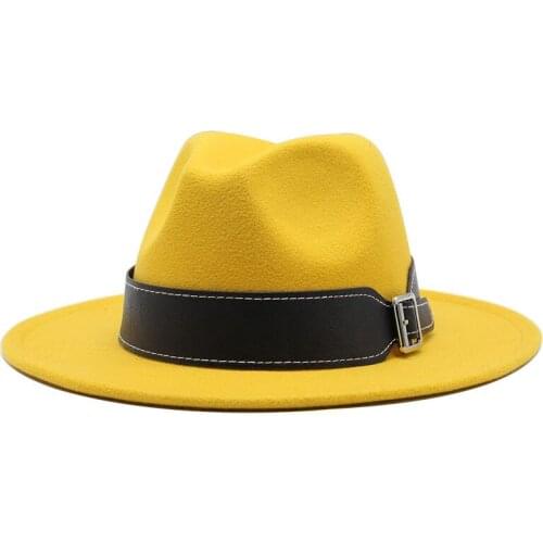Salted egg yellow fedora hat mens hat ladies felt jazz top belt accessories Panama shallow top fedora hat шляпа женская