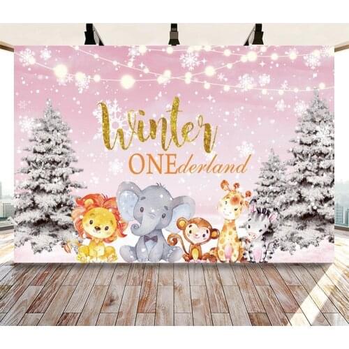 Winter Snow Forest Animals One Birthday Photography Backgrounds White Snowflakes Blue Pink Christmas Tree Backdrops For Photo