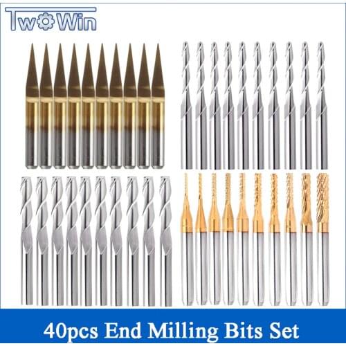 40pcs 3.175mm Titanium Coated Essential CNC Router Bits End Mill Cutter Mini PCB Carbide Router Bits Kit Set For Milling Tools