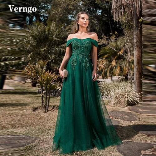 Verngo Emerald Green Off the Shoulder Long Evening Dresses Lace Applique Glitter Skirt A Line Women Formal Prom Gowns Plus Size