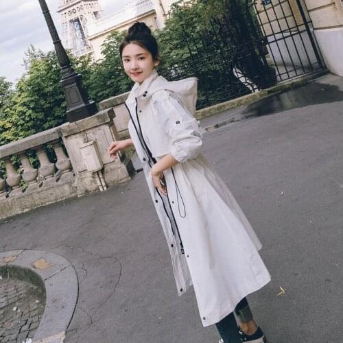 Korean Drawstring Waist Hooded Windbreaker Women Fashion Preppy Style White Long Coat Cloak Casual Slim Trench Coat Lady Outwear