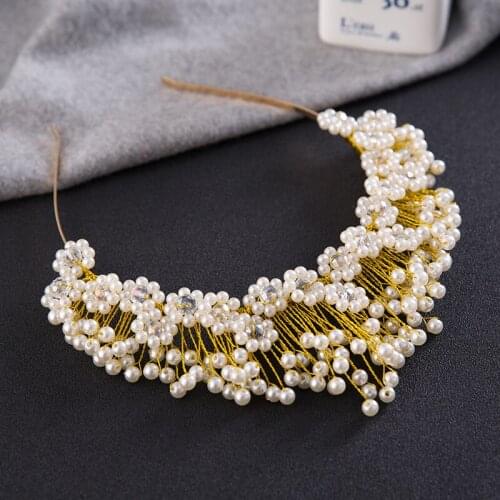 Dower me Generous Gold Pearls Tiara Crown Wedding Headband Hair Accessories Handmade Bridal Tiaras Hair Jewelry