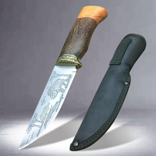 Fashionable black pig pattern straight knife black wood handle 58HRC high hardness outdoor life saving diving knife