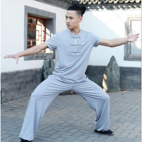 New autumn short sleeve mens middle-aged Chinese style martial arts clothes training clothes adult Taijiquan