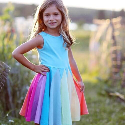 New Summer Baby Girls Clothes Fashion Rainbow Short Sleeve Cotton Color Block Cute Party Dresses for Kids Princess Girls Dress