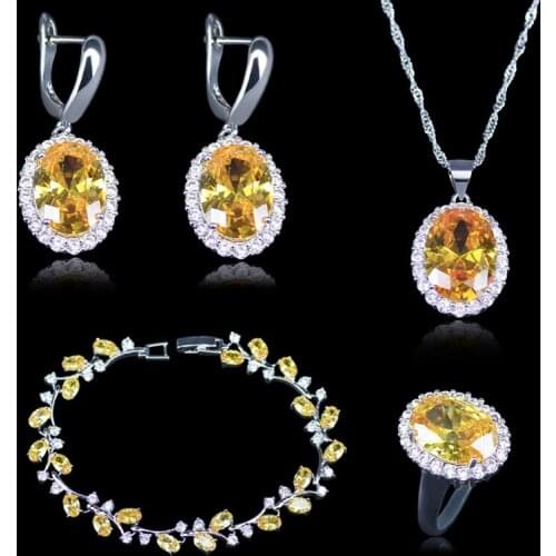 Romantic Sparkling Yellow Cubic Zircon Earrings Necklace Pendant Bracelet Silver Color Jewelry Sets Shopping Festival