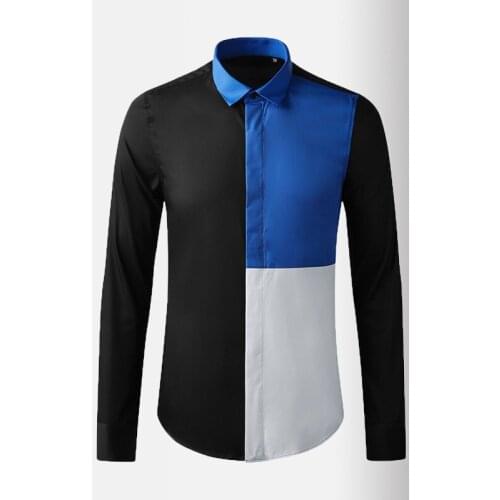 New Casual Mens Shirts Luxury Blue White Splice Long Sleeve Party Mens Dress Shirts Fashion Slim Fit Business Male Shirts 3XL