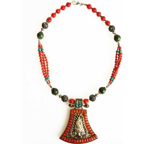 Tibetan Ethnic Fashion Jewelry Nepal Copper inlaid Stone Coral Big Pendant Necklace Tibet Tribal Amulet Necklaces TNL416