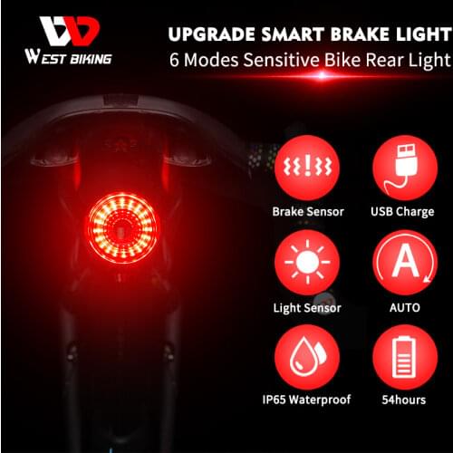 WEST BIKING Bike Smart Auto Brake Sensing Light IPx6 Waterproof LED Charging Cycling Taillight Accessories Bicycle Rear Light