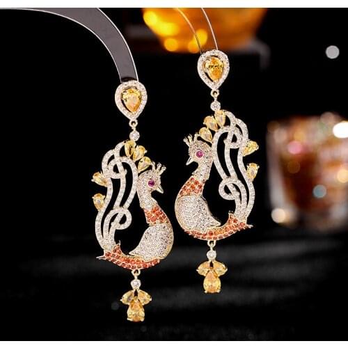 Luxury Cubic Zircon Dangle Peacock Earrings for Women Personality S925 Silver Needle Animal Long Drop Earings pendientes mujer
