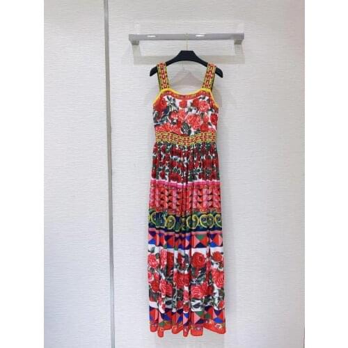 HIGH QUALITY New 2021 Designer Summer Runway Womens Spaghetti Strap Beading Floral Print Long Holiday Dress